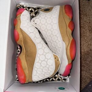 Jordan 13 Retro White and Tan Sneakers with Pink Accents